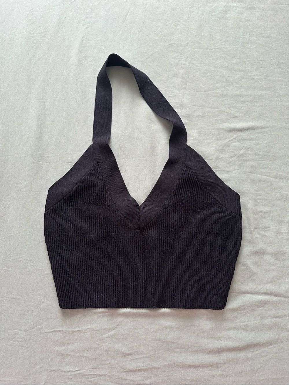 Aritzia Black Ribbed Halter V-Neck Crop Top